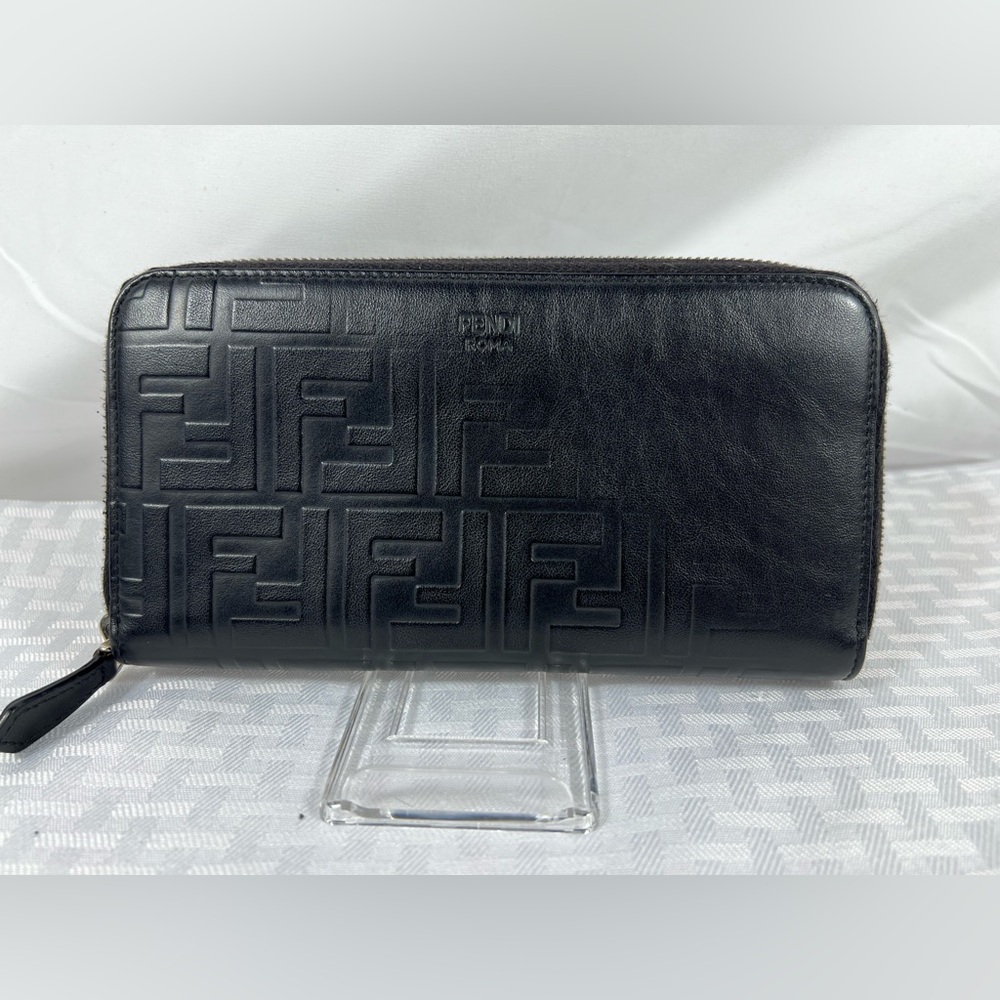 1019: Fendi Roma FF Embossed Leather Zip Around Wallet Black Italy